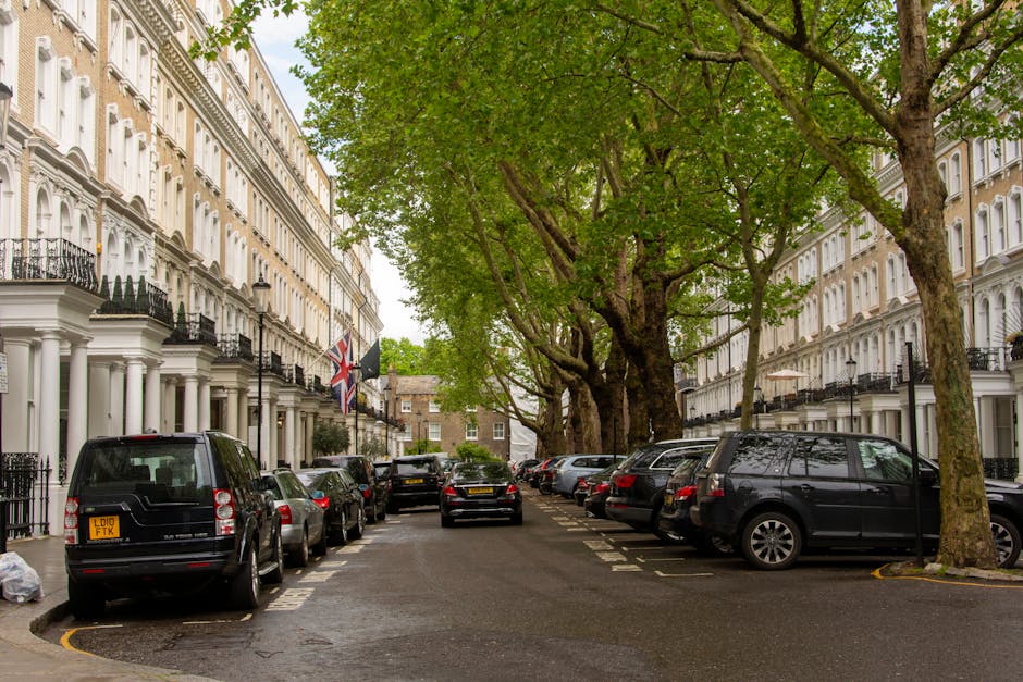 A residential street scene in Knightsbridge with white, multi-storey period buildings on both sides, featuring black wrought-iron balconies and flags hung from some facades. The street is lined with large, leafy trees whose green canopies extend over parked vehicles on the pavement. Several cars, including a black car with a UK registration plate, are parked parallel along the sides of the street, with some partially obstructing the view of the building entrances. In the foreground, there are cardboard boxes and wrapping materials on the pavement near the vehicles, suggesting an ongoing home relocation or furniture transport operation. The lighting is natural daylight, and the area appears calm, typical of a residential area in central London. Knightsbridge Man and Van may make use of this street for loading or unloading during relocations, with space reserved for professional moving services supported by such street conditions.