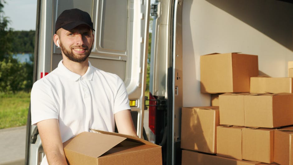 A man with a beard, wearing a white polo shirt and black cap, is standing outdoors next to a moving van with the rear door open. He is holding a cardboard box, and several other packed cardboard boxes are visible inside and stacked neatly on the ground beside the van. The background features a lush green landscape with trees and a body of water, under clear natural light. The scene depicts a home relocation or moving process, with the focus on packing and loading boxes for a house move, consistent with professional removals services offered by Knightsbridge Man and Van, as featured on the webpage for urgent same day removals in Knightsbridge.